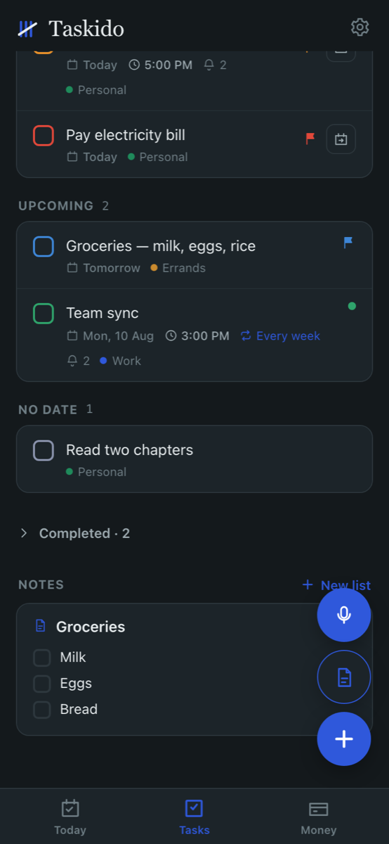 Taskido notes section with a grocery checklist under the task list