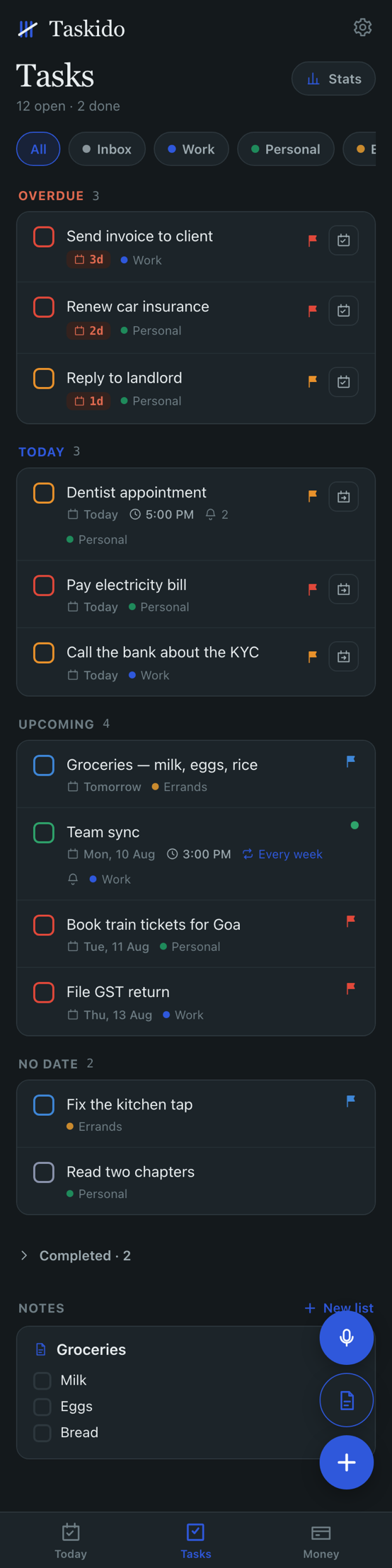 Taskido tasks screen grouped into Overdue, Today and Upcoming